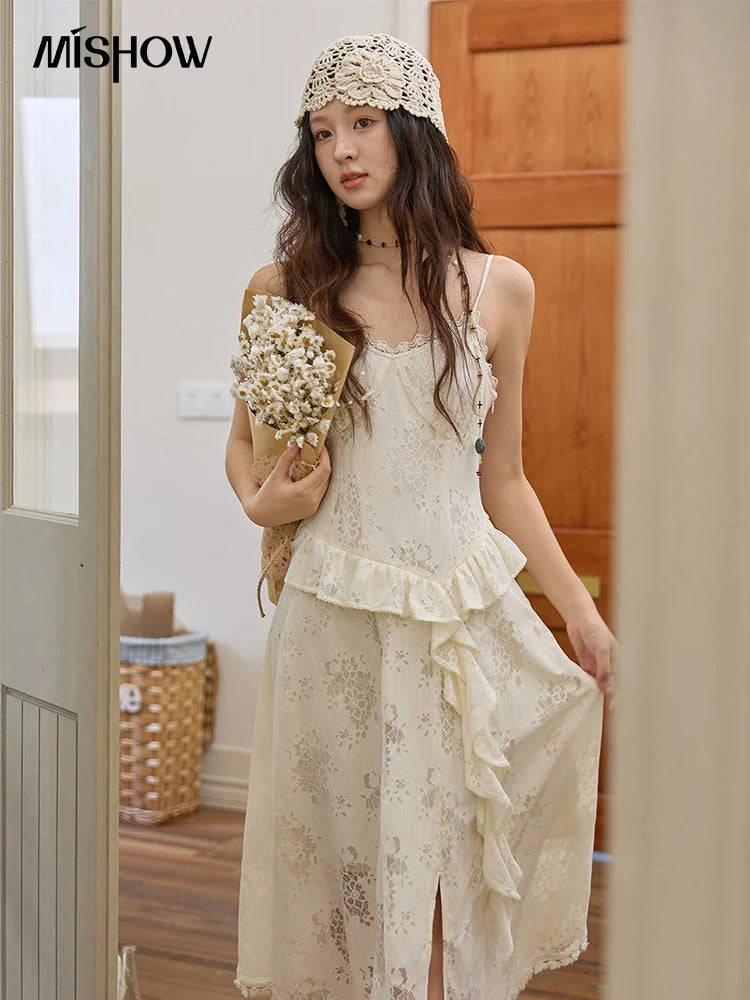 MISHOW Bohemian Apricot Lace Ruffle Tassel Dress MXE43L2449