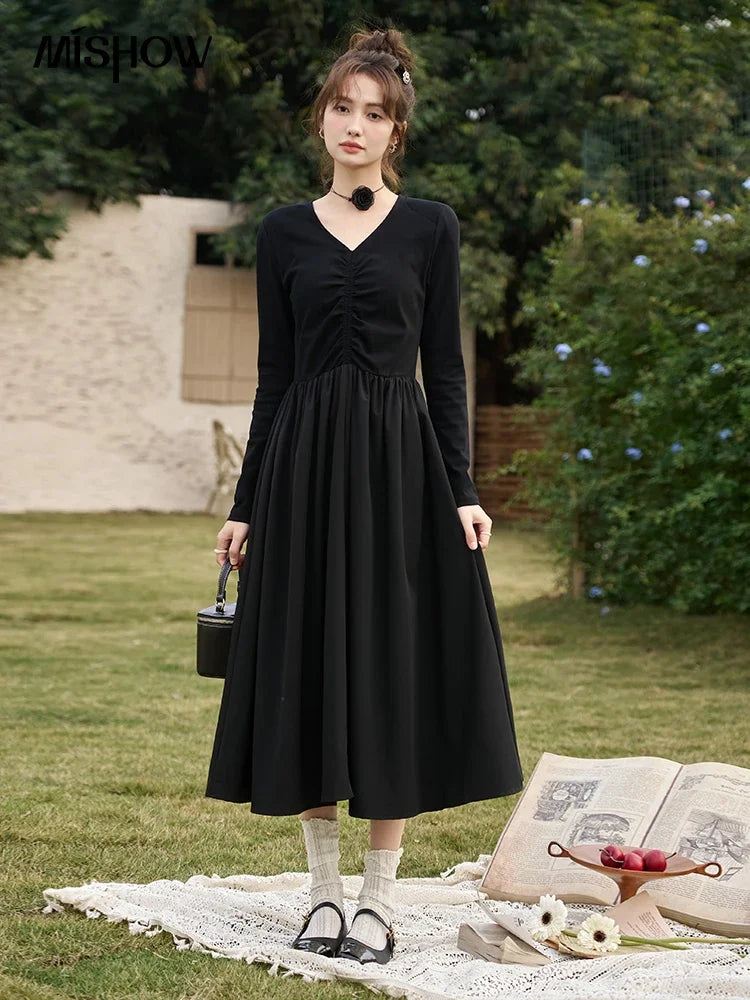 Mishow Black Knitted Smocked V-Neck Dress MXC59L1640