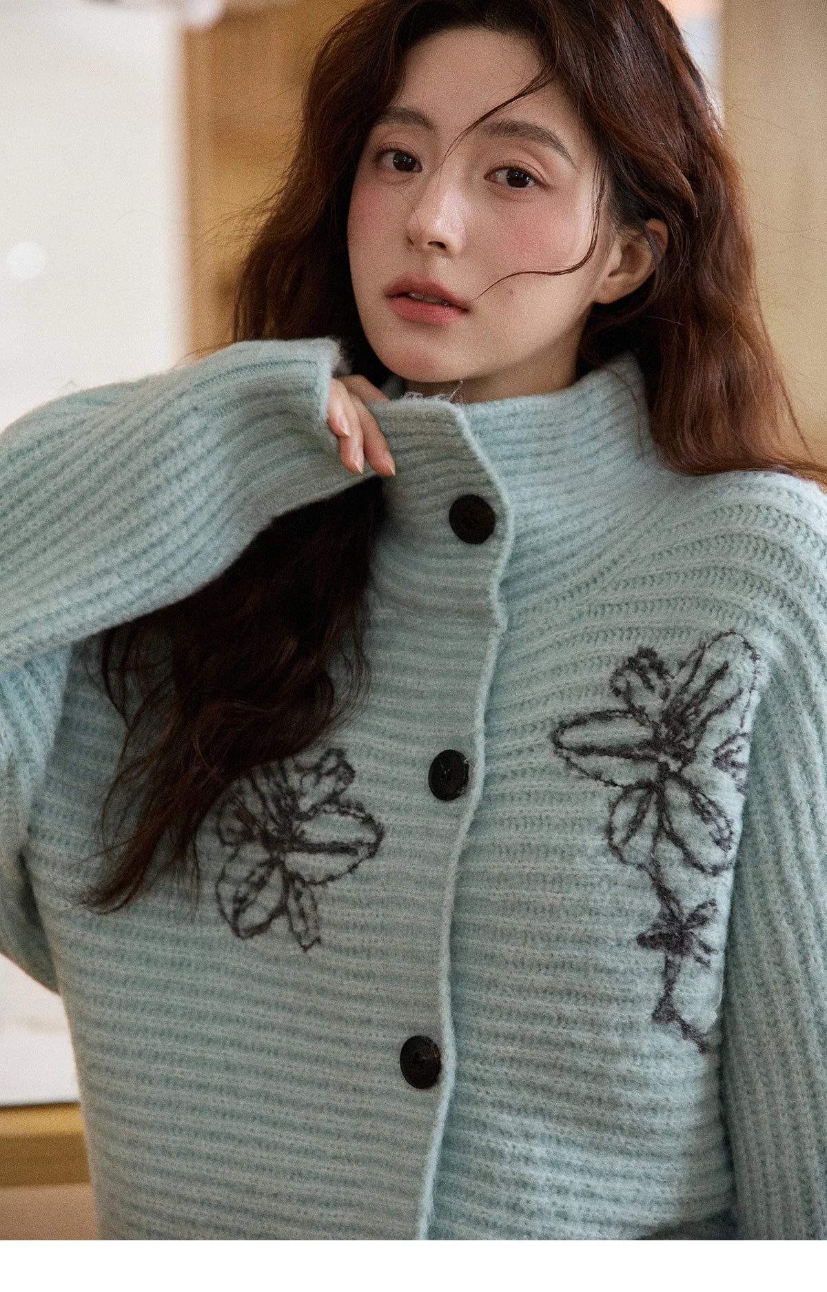 Mishow Blue Stand Collar Flower Jacquard Cardigan MXE86Z2665