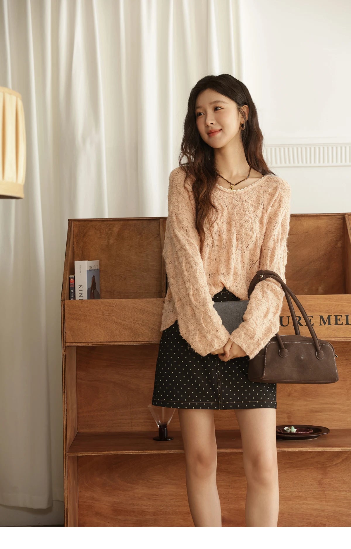 Mishow Bamboo Loop Yarn Hollow V-Neck Lace Sweater MXE43Z1349