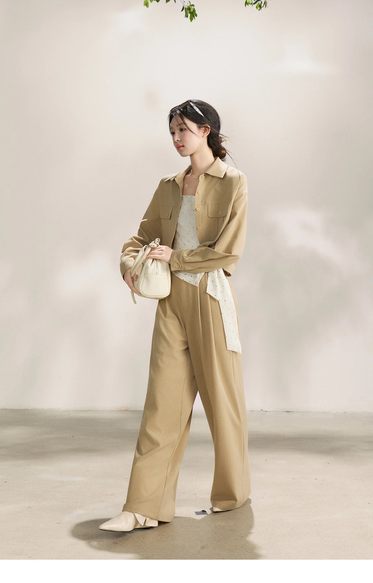 Mishow Khaki Cropped Jacket & Polka Dot Vest & Wide Leg Pants Three-Piece Set MXF13T1478