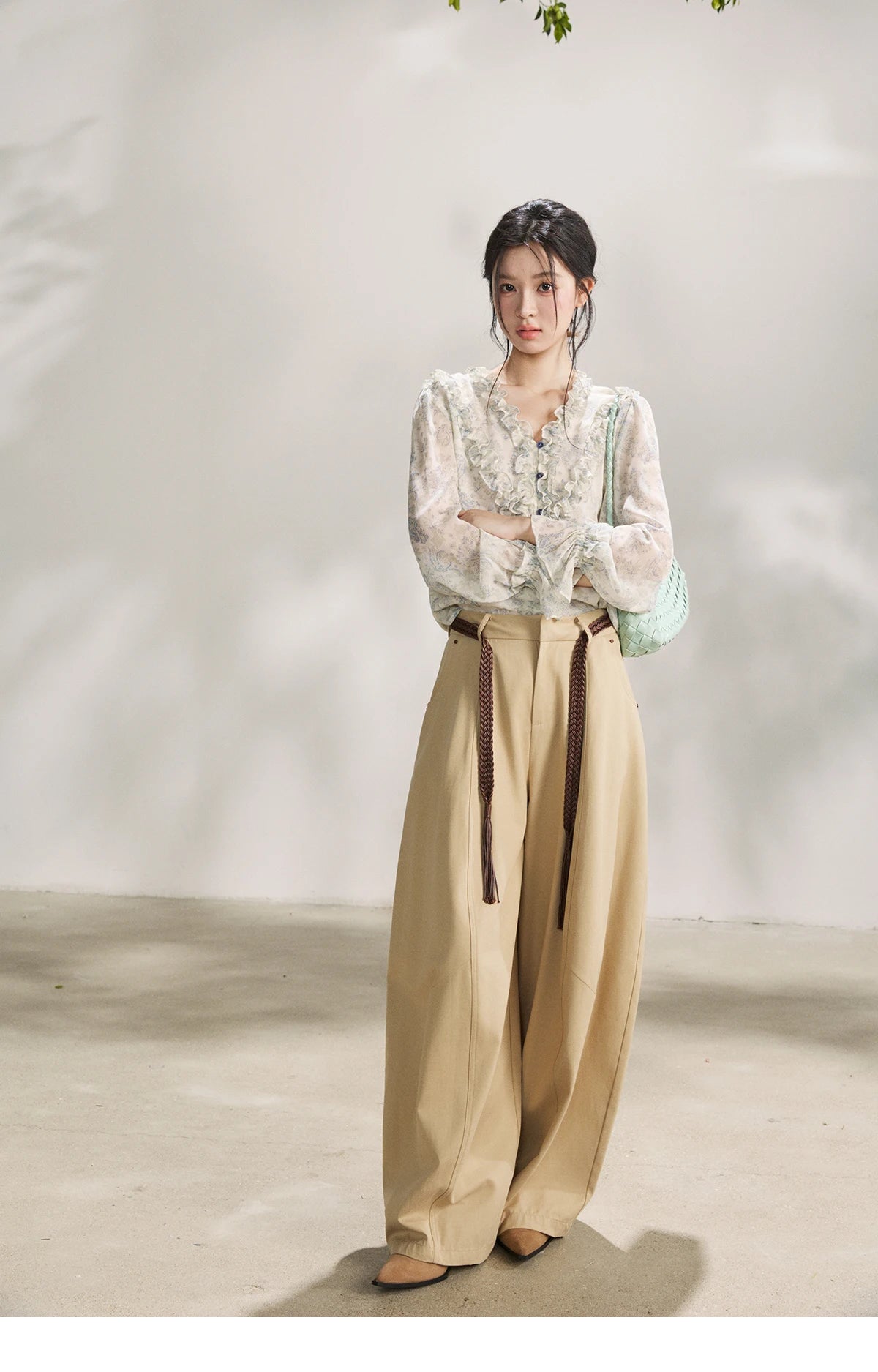MISHOW Khaki Wide Leg Pants High Waist Belted Rear Pocket MXF13K1237