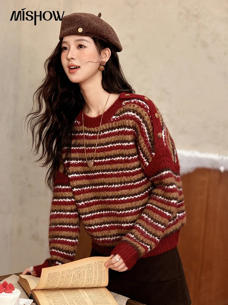 Mishow Christmas Retro Striped Wool Blend Button Sweater MXD59Z1060
