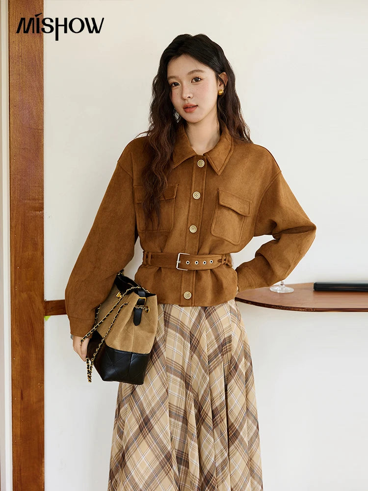 MISHOW Brown Lapel Jacket Metal Button Decorated Windproof MXE46W0864