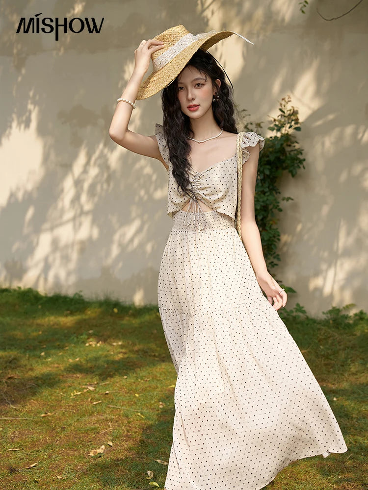 Mishow Polka Dot Flying Sleeve Fake Two-Piece Dress MXD28L1902