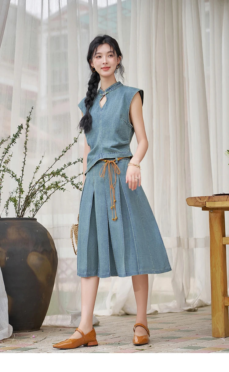 Mishow Chinese Stand Collar Vest & Pleated Denim Skirt Set MXD21X1465