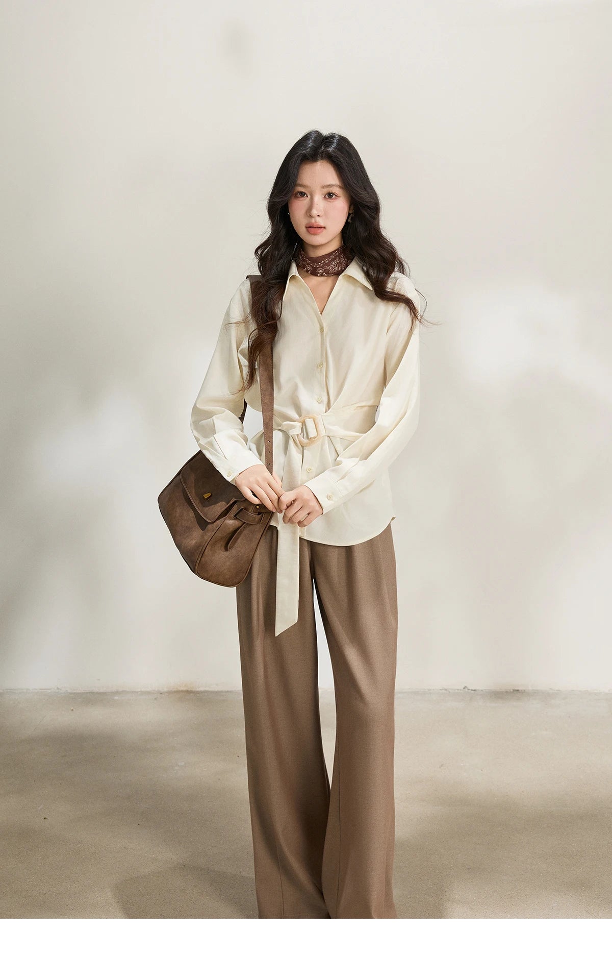 MISHOW Lapel Collar Shirt with Belted Waist Soft Beige MXF13C2452