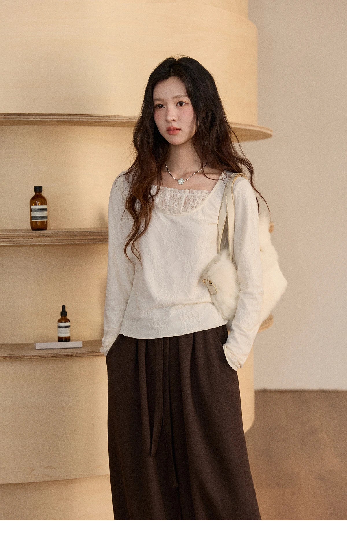 Mishow Beige Lace Patchwork Square Neck Top MXE91X2514