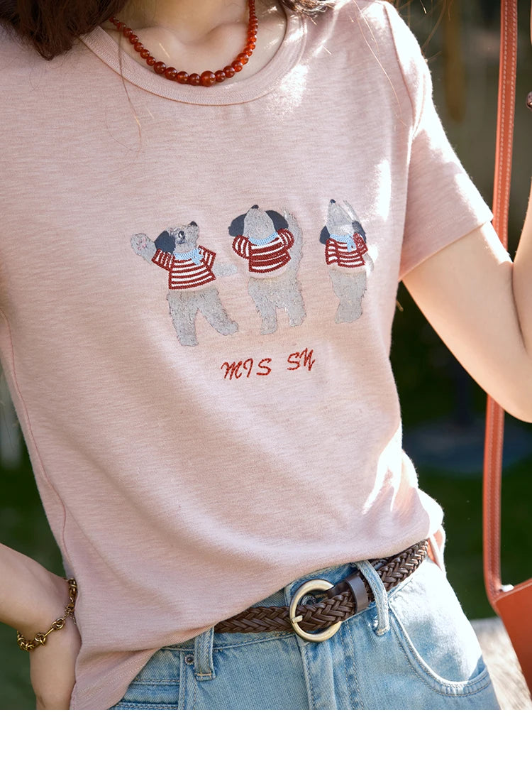 Mishow Little Bear Embroidery Round Neck Tee MXE39T0699