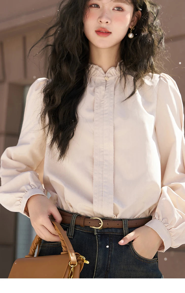 MISHOW Button Up Lantern Sleeve Shirt Ruffle Neck MXC56X1320