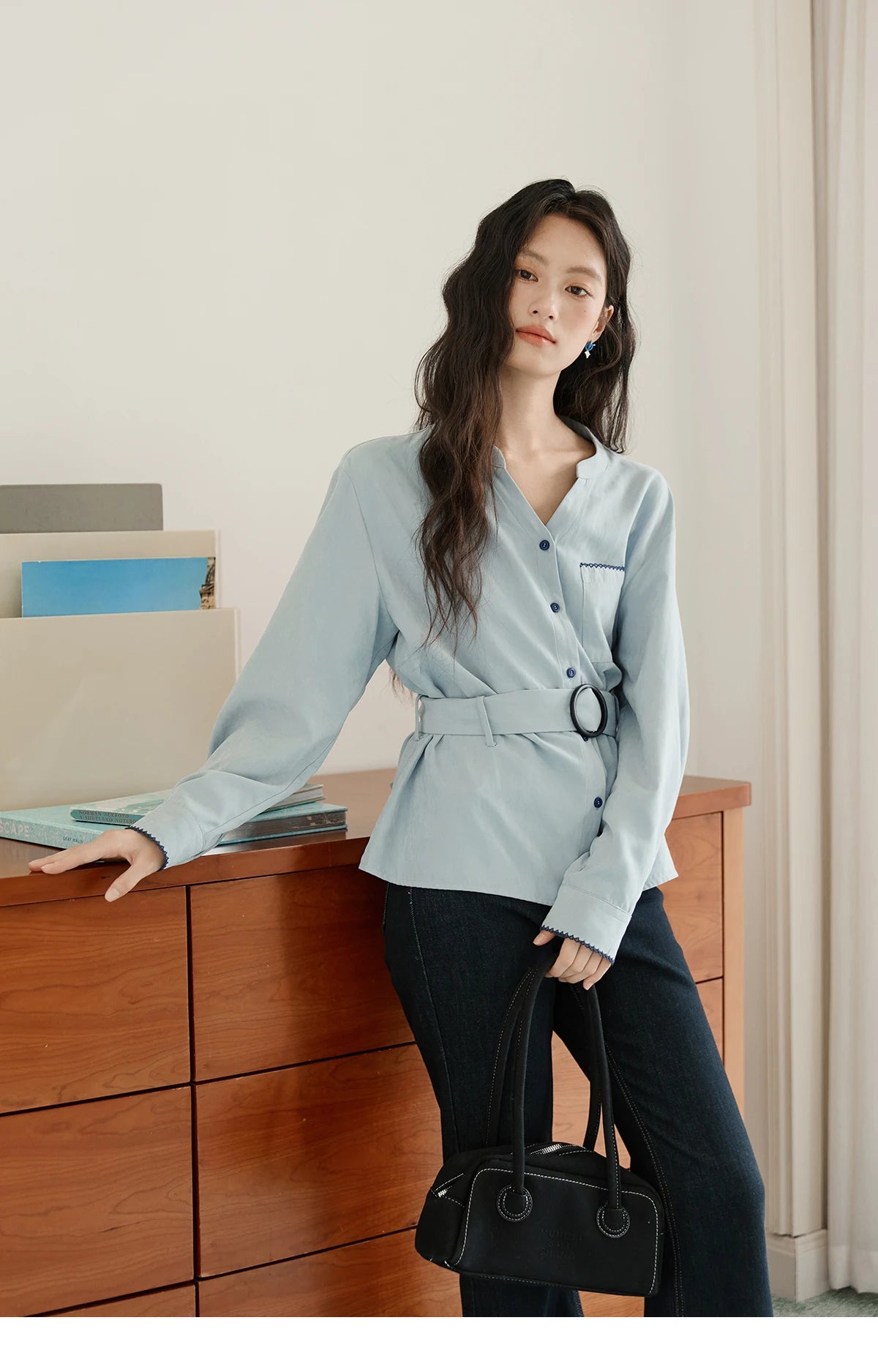 MISHOW Haze Blue Velvet Shirt Contrast Color Waist Sash MXE47X2497