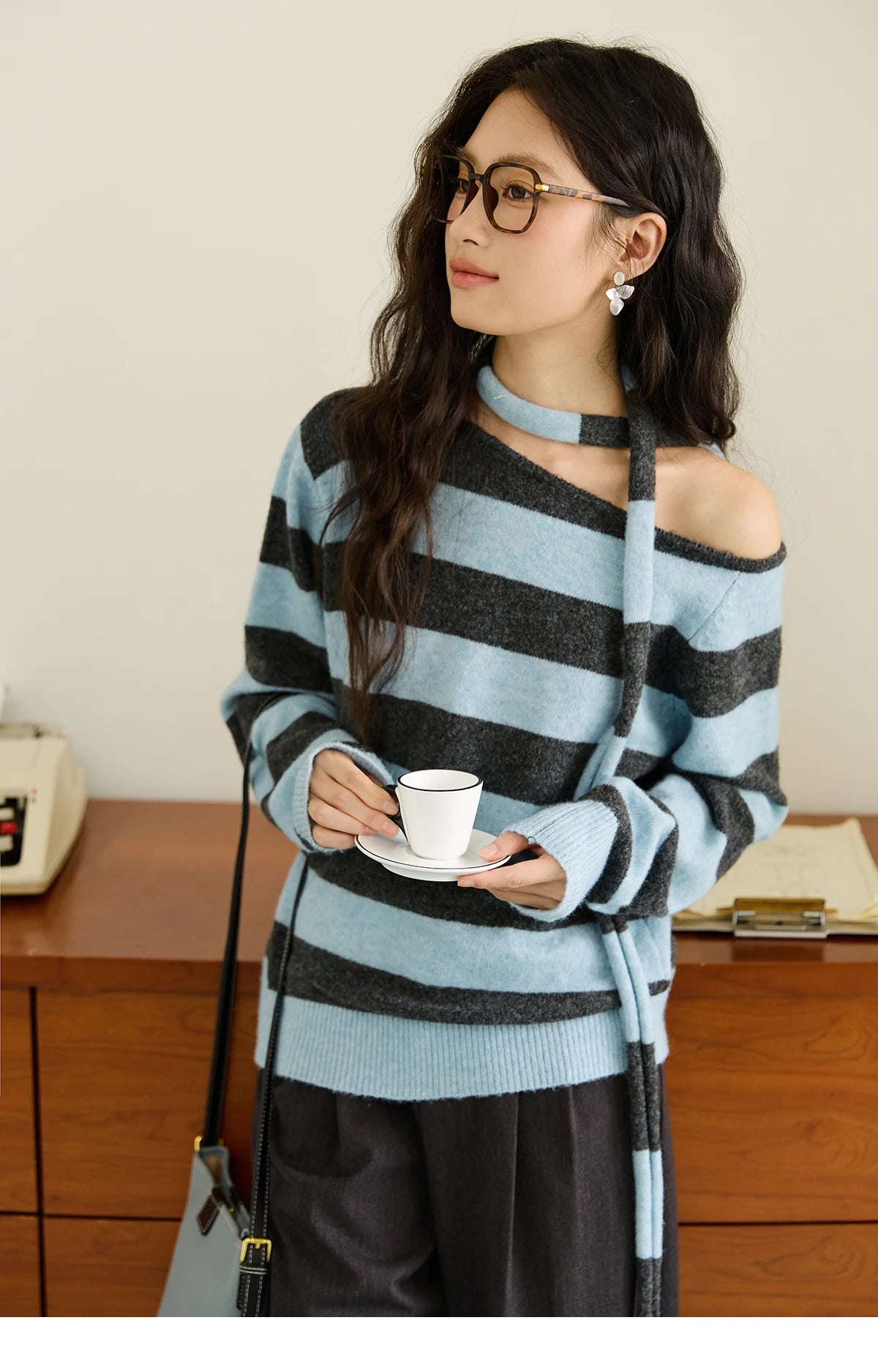 Mishow Blue Gray Slanted Shoulder Ribbon Sweater MXE46Z2540