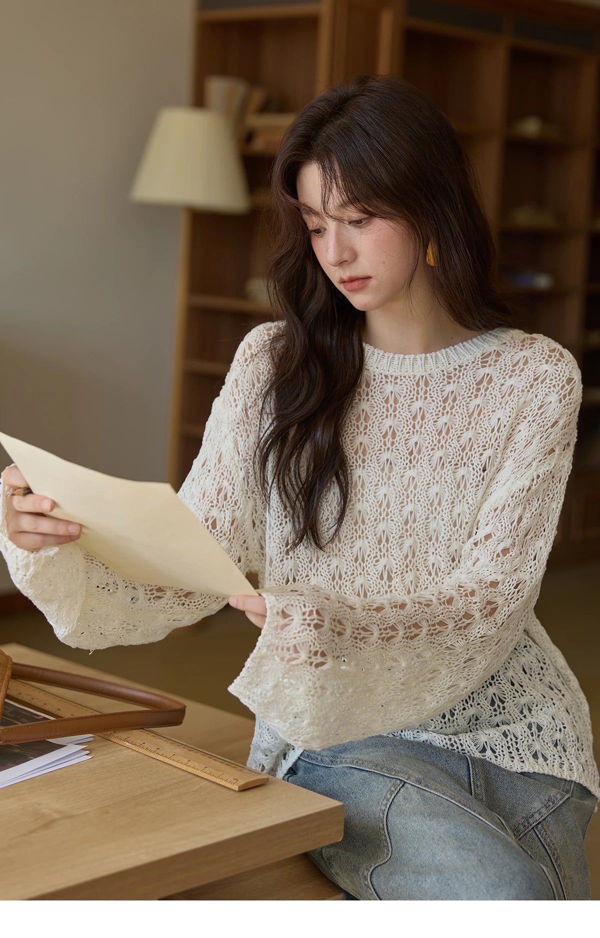 Mishow Hollow Jacquard Dropped Sleeve Sweater MXE43Z1360