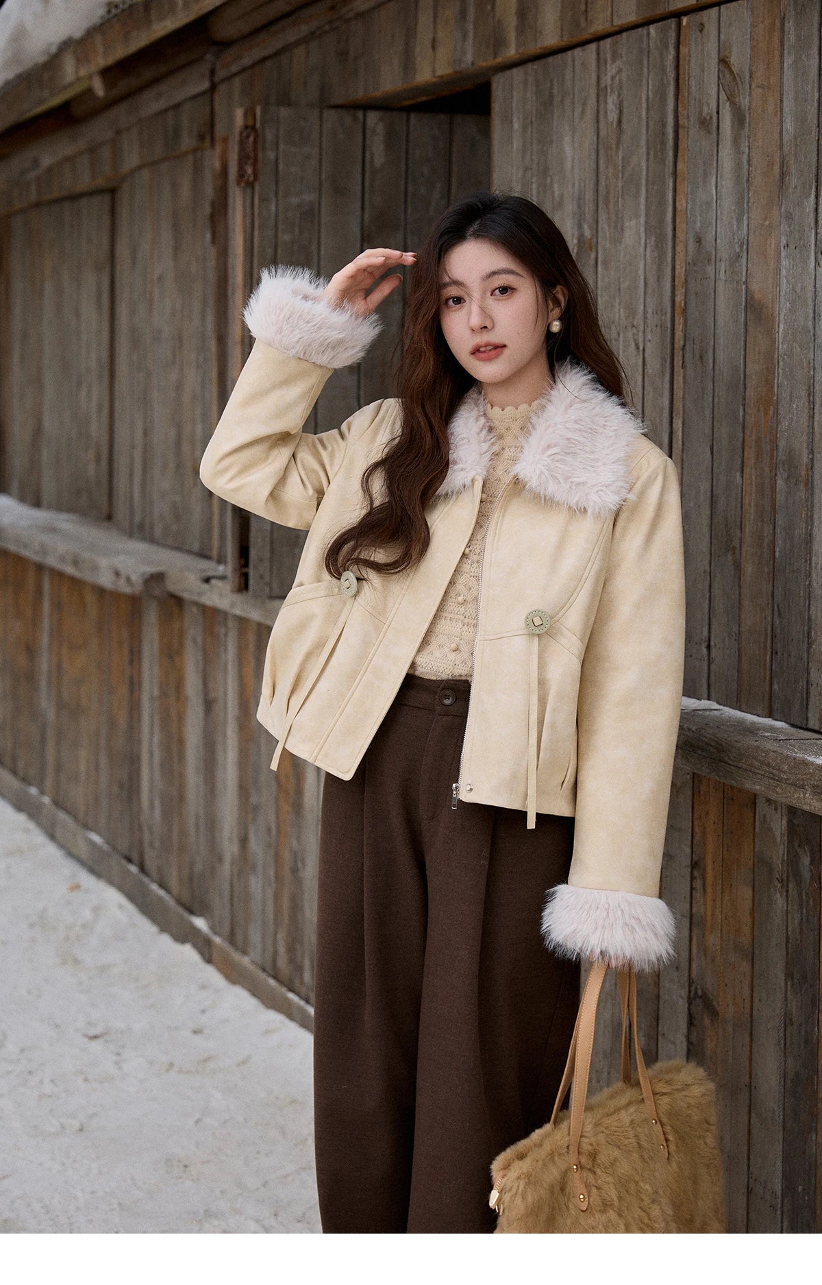 Mishow Apricot Suede Plush Collar Jacket MXE91W0987