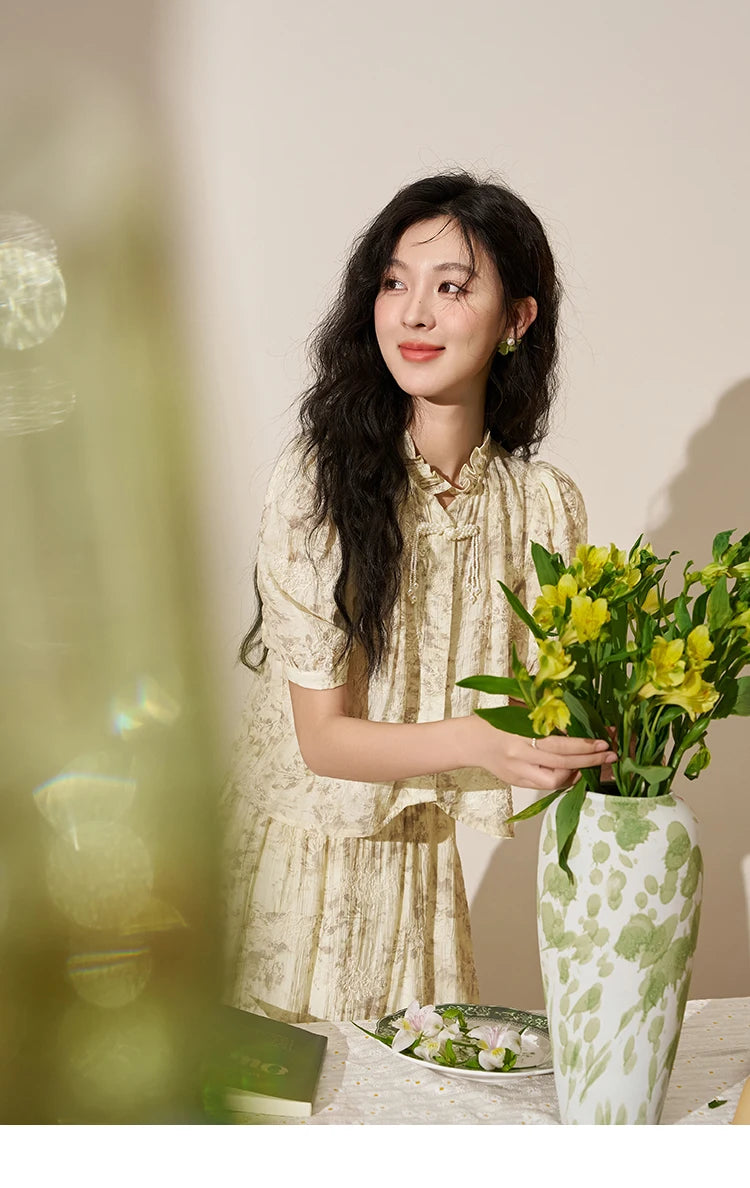 Mishow Chinese Embroidered Puff Sleeve Top & A-Line Skirt Set MXD24X1405
