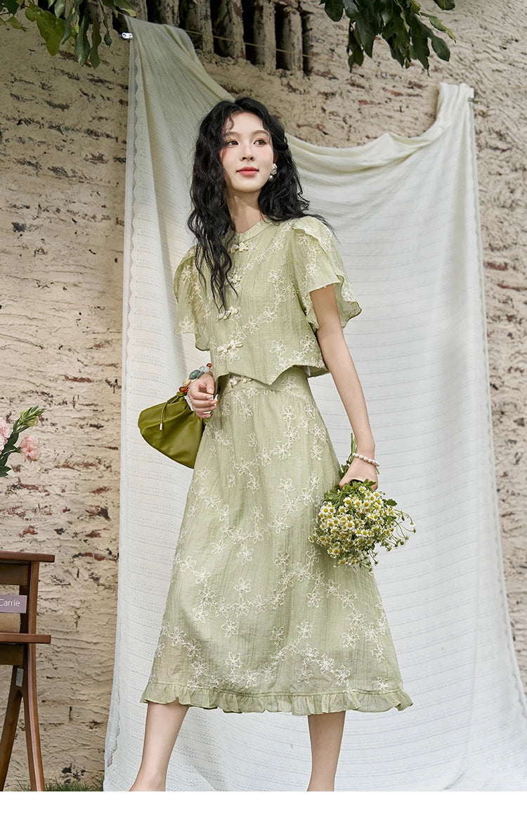 Mishow Chinese Green Stand Collar Top & Selvedge Skirt Set MXD22X1388