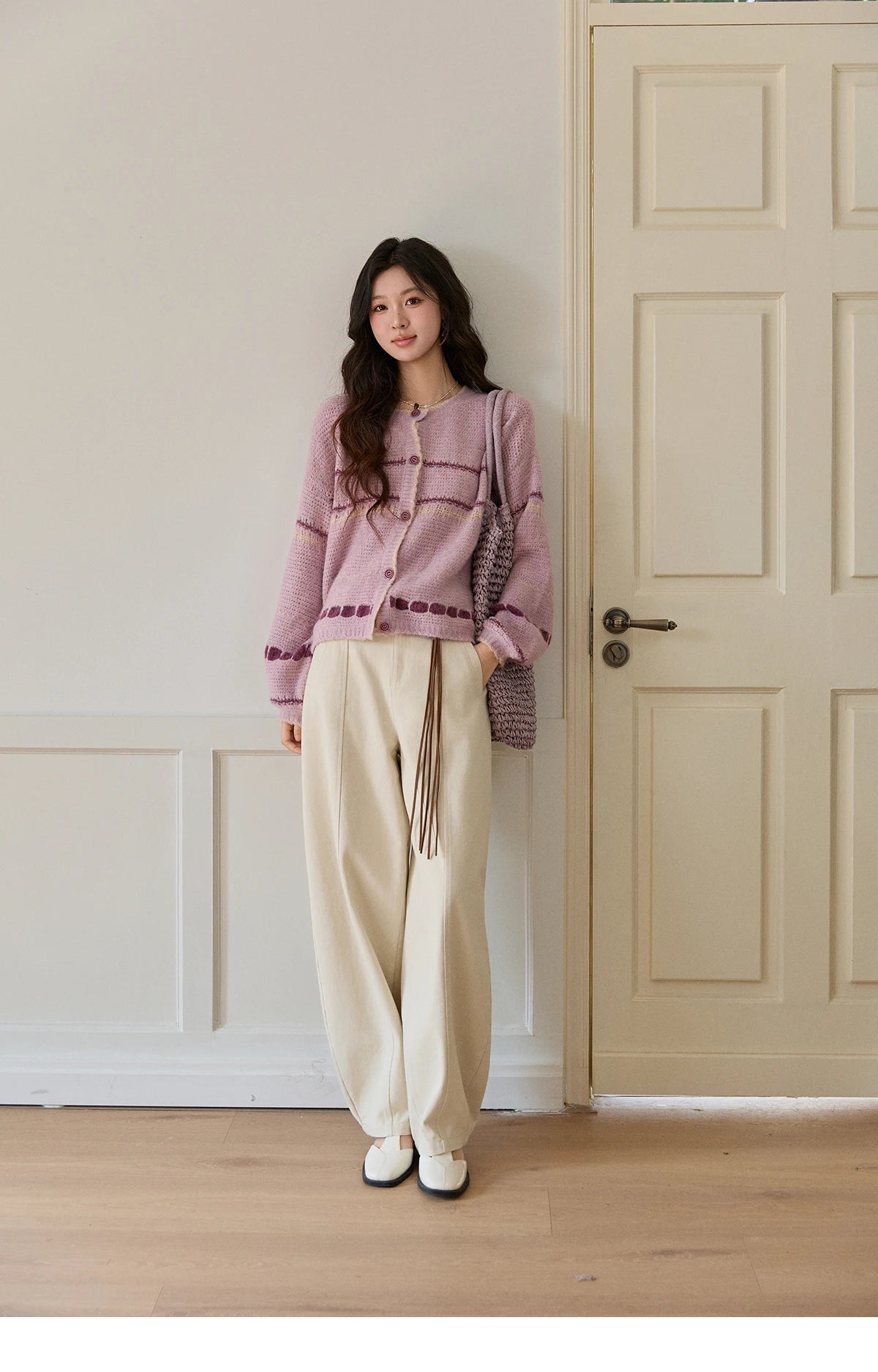 Mishow Lilac Striped Dot Crew Neck Cardigan MXF11Z2897