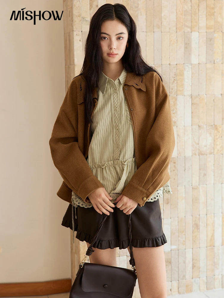 Mishow Brown Hollow Out Embroidery Woolen Coat MXE49W0856