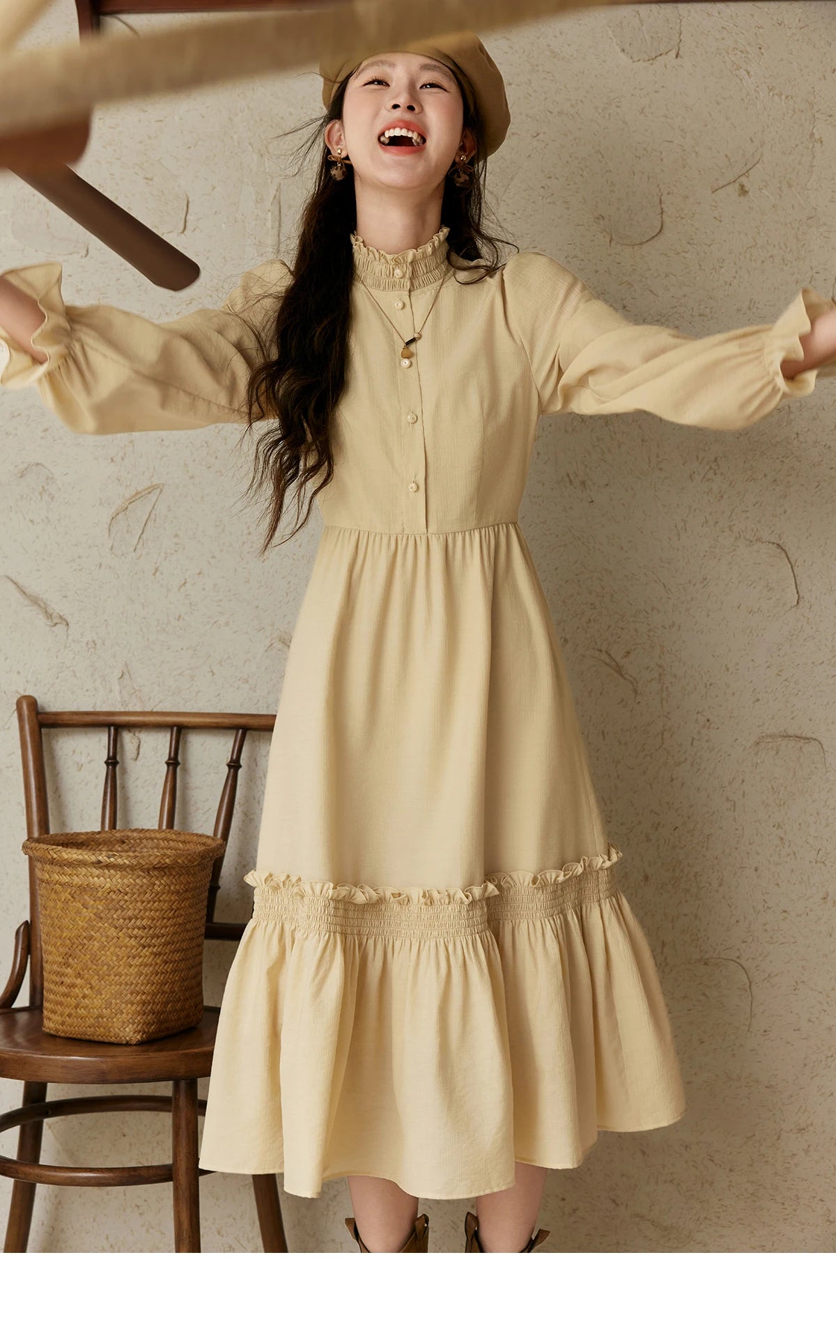 Mishow French Stand Neck Lotus Leaf Sleeve Dress MPD42L2036