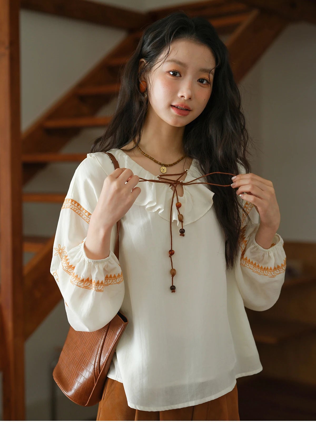 MISHOW Embroidered Blouse Ruffle V-Neck Lace Up MXE43X1987