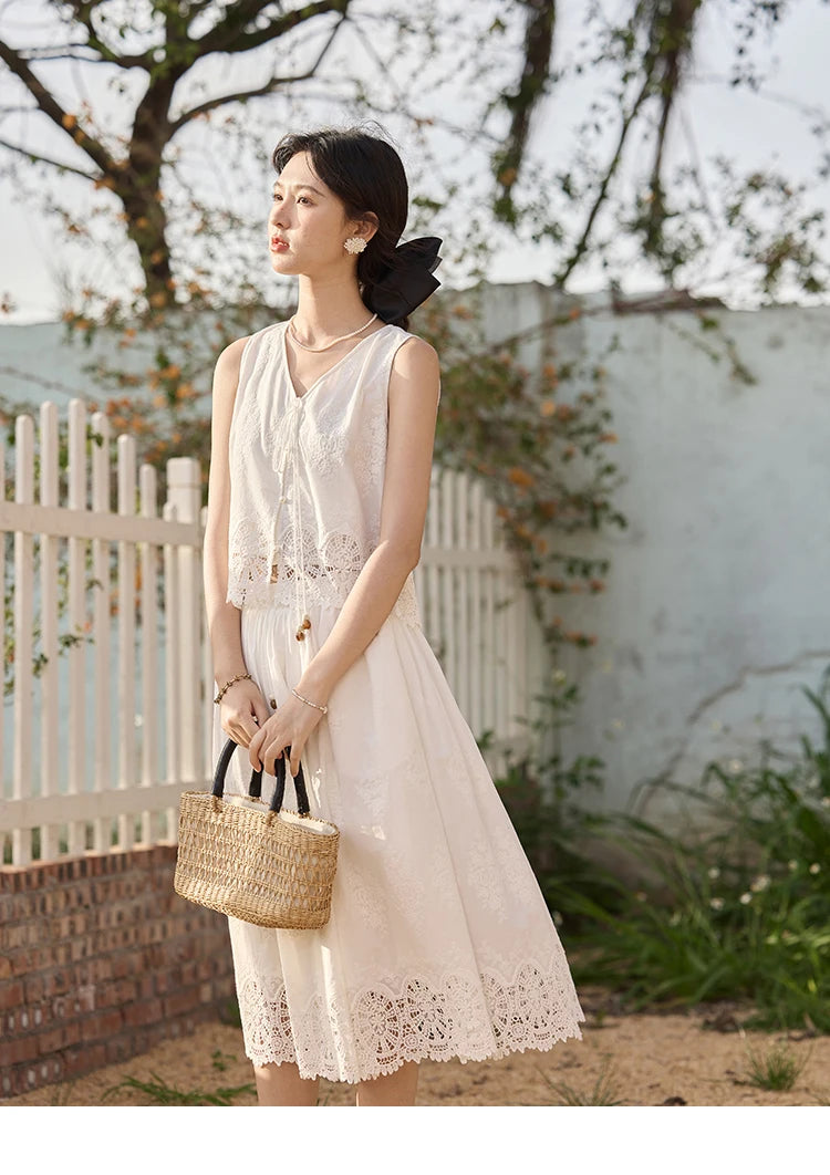 Mishow Embroidery V-Neck Lace Up Top & Elastic Waist Skirt Set MXE33T0593