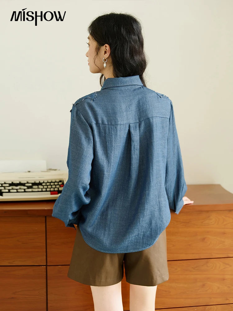 MISHOW Blue Shirt Hollowed Out Patchwork Embroidery Imitation Denim MXE46C2410