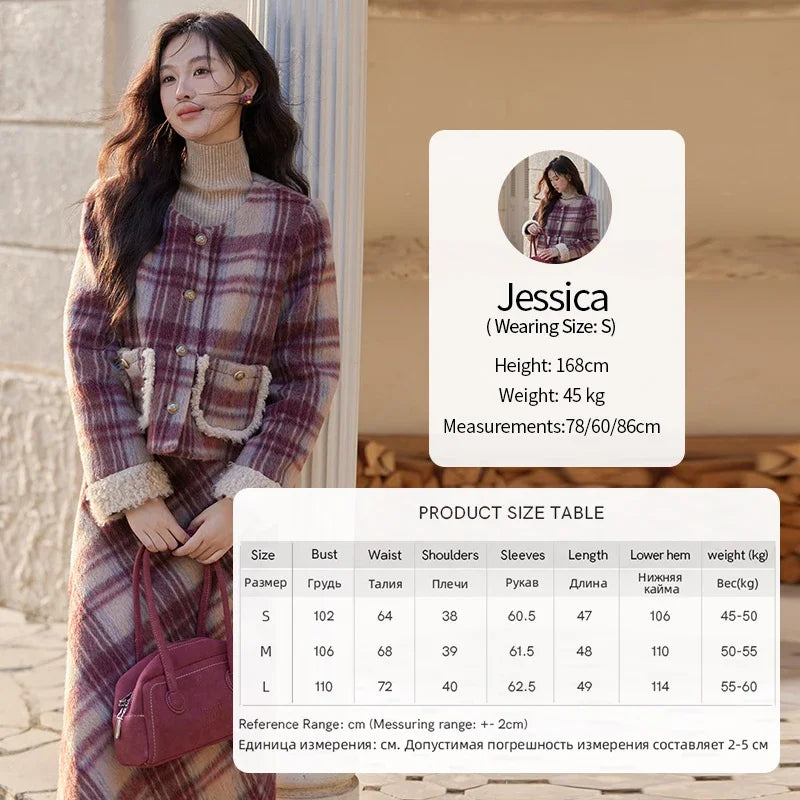 Mishow Plaid Tweed Jacket & Midi Skirt Set MXD54W0562