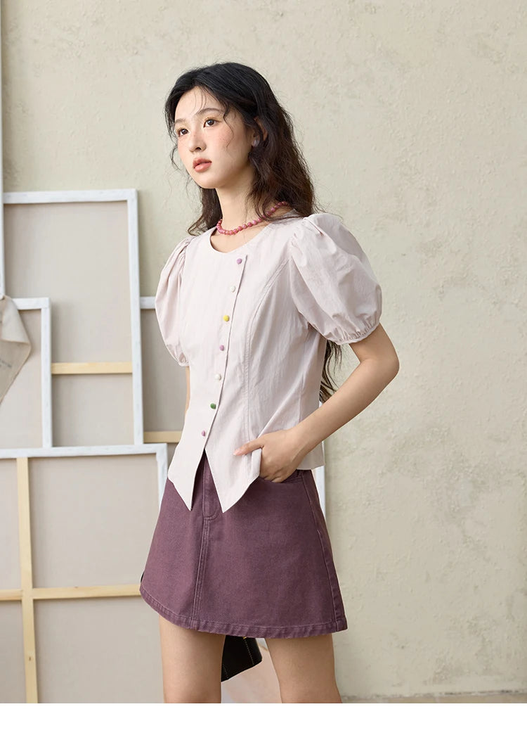 MISHOW Bubble Sleeve Blouse Irregular Placket Rainbow Buttons MXE34X1782