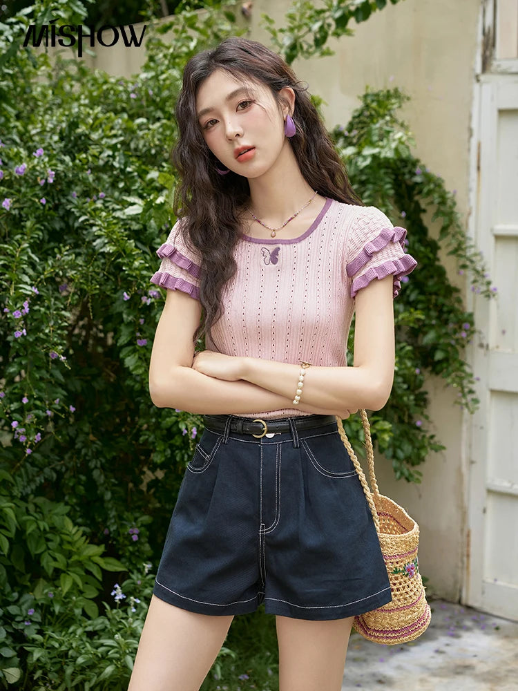 Mishow Embroidered Flower Pocket Wide Leg Denim Shorts MXD26K0707