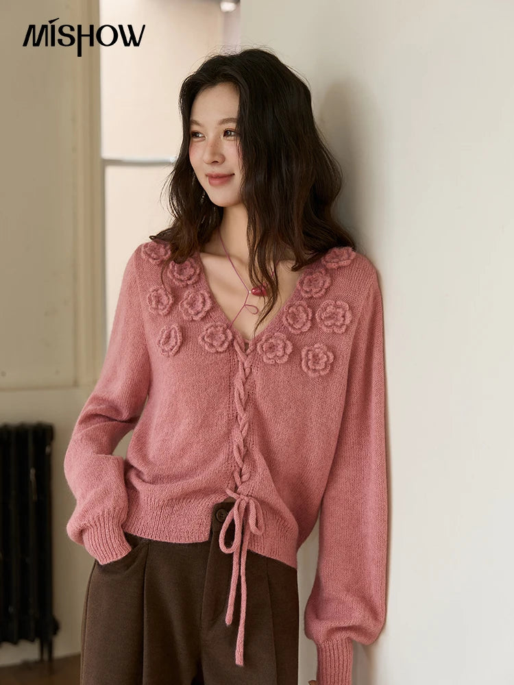 Mishow Pink 3D Rose V-Neck Loose Pullover MXE88Z2708