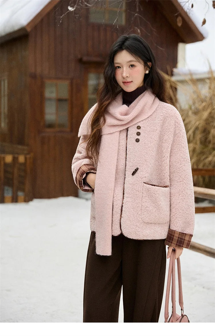 Mishow Plaid Patchwork Lamb Wool Round Neck Coat MXE90W0923