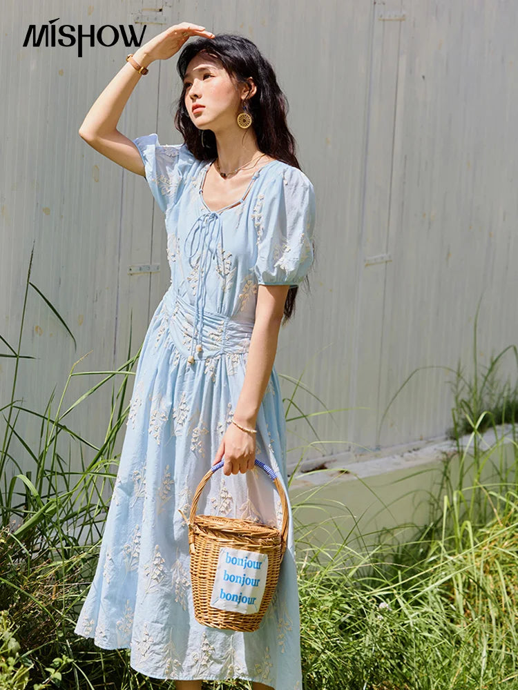 Mishow Blue Square Neck Bubble Sleeve Cotton Dress MXE35L2234