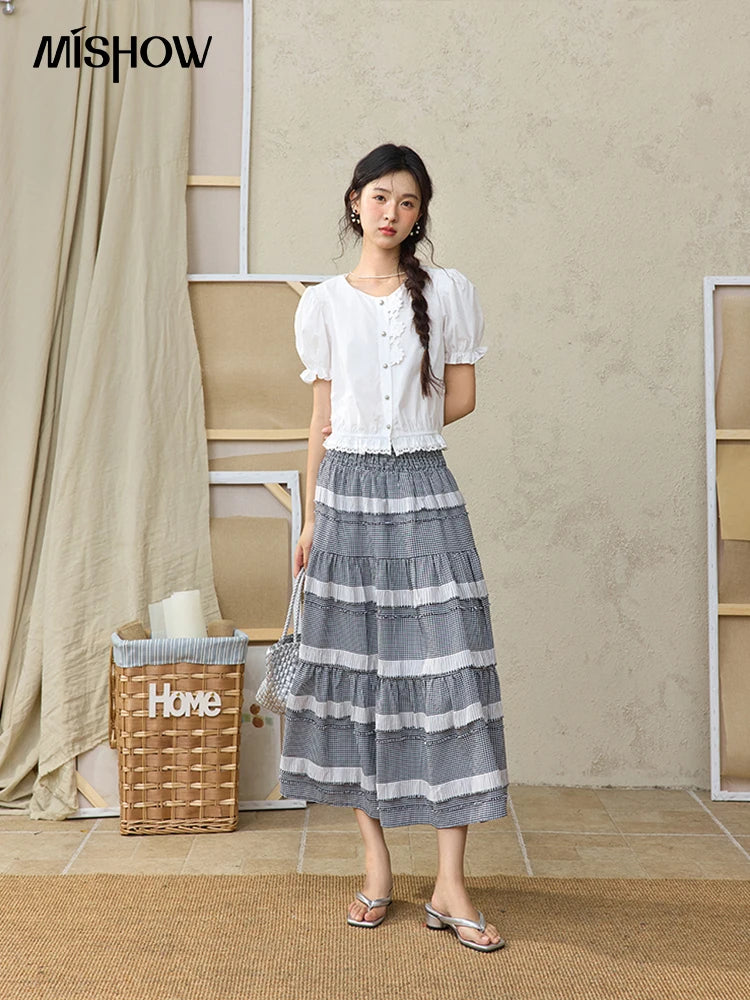 MISHOW Lace Puff Sleeve Shirt Flower Buttons Hem Elastic MXE34X1820