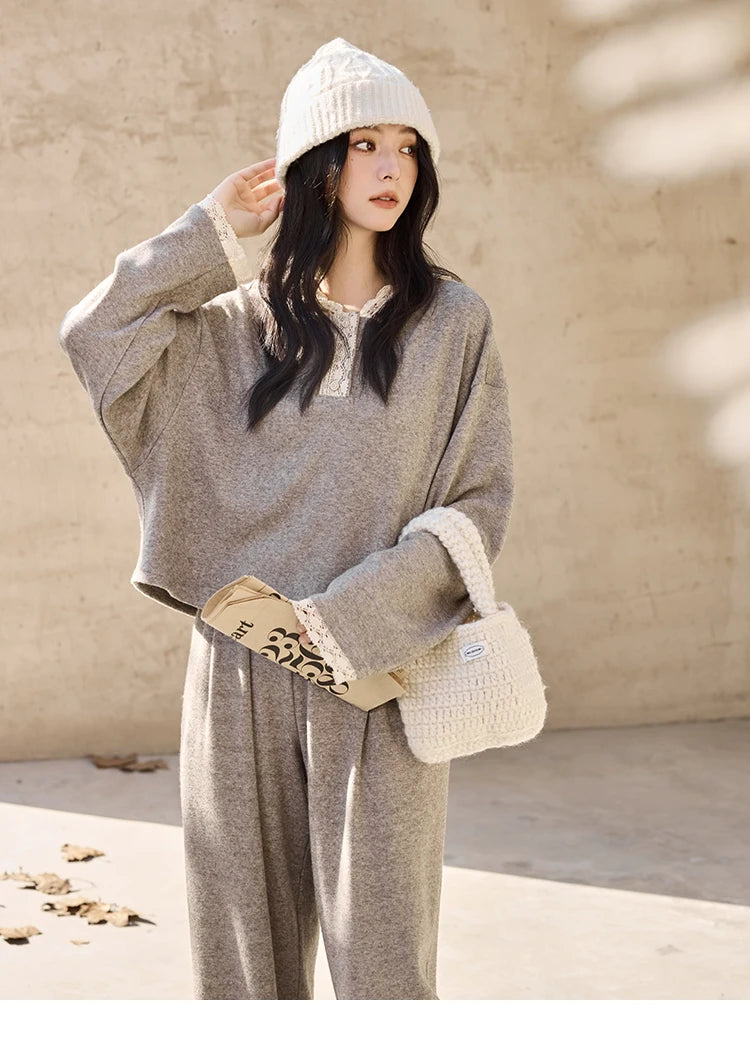 Mishow Lace Splicing Hooded Sweatshirt & Wide Leg Pants Set MXD34V0098