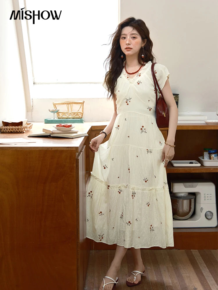 MISHOW V-Neck Chiffon Lace Embroidery Dress MXE39L2382