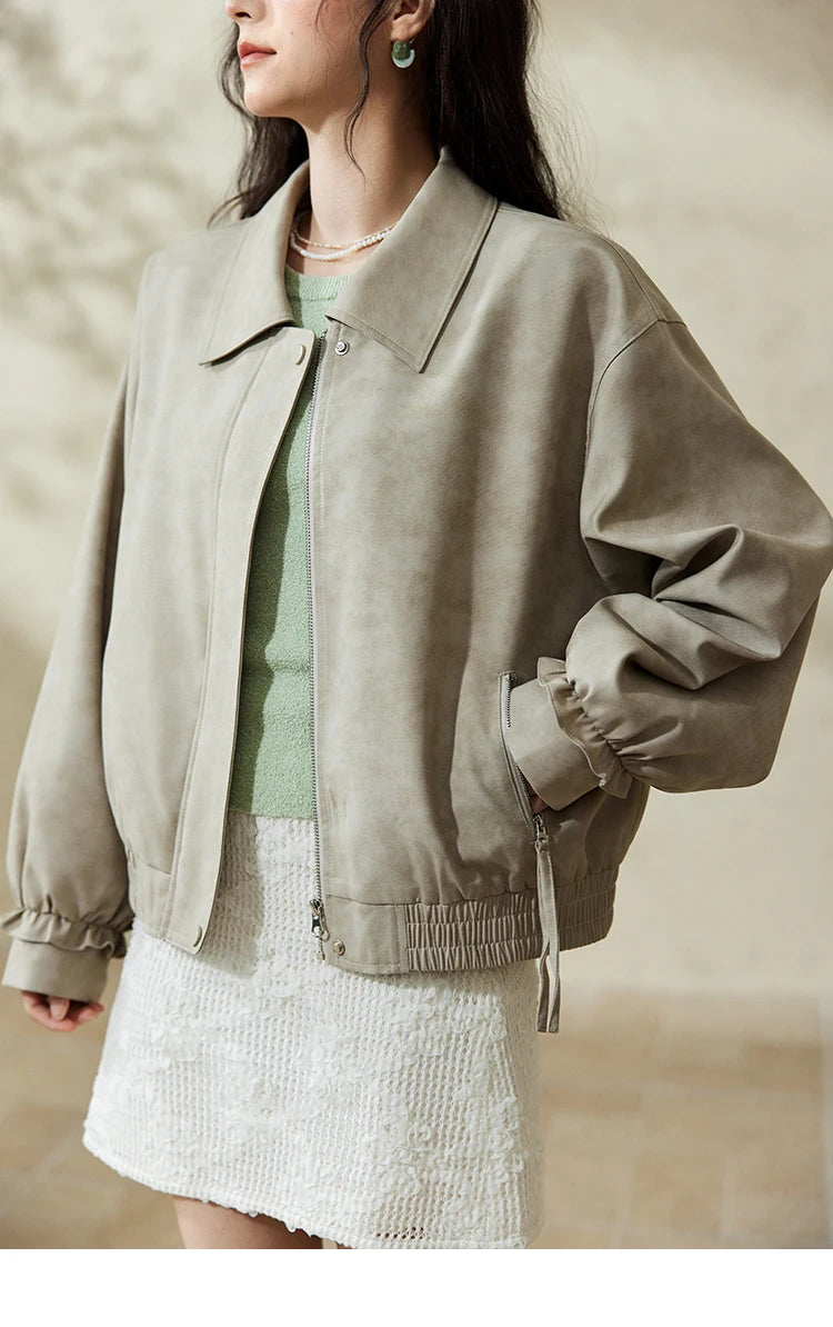 MISHOW Minimalist Short Jacket Lapel Zipper Elastic Hem MXE13W0715