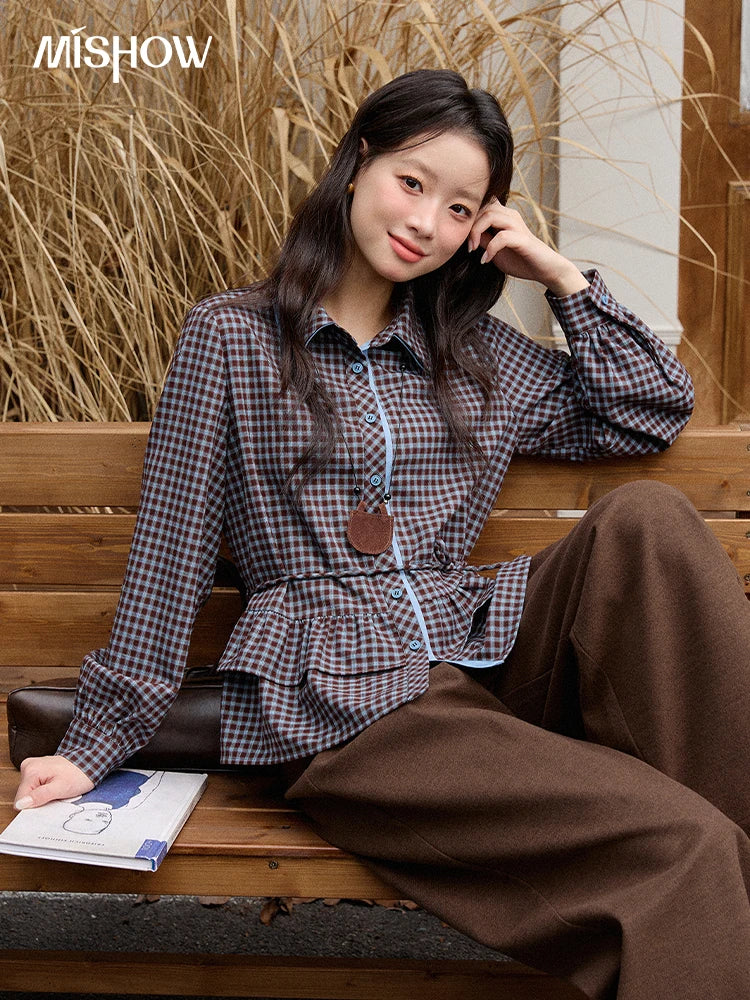 MISHOW Blue Plaid Shirt Lantern Sleeves Ruffled Hem MXE89C2420