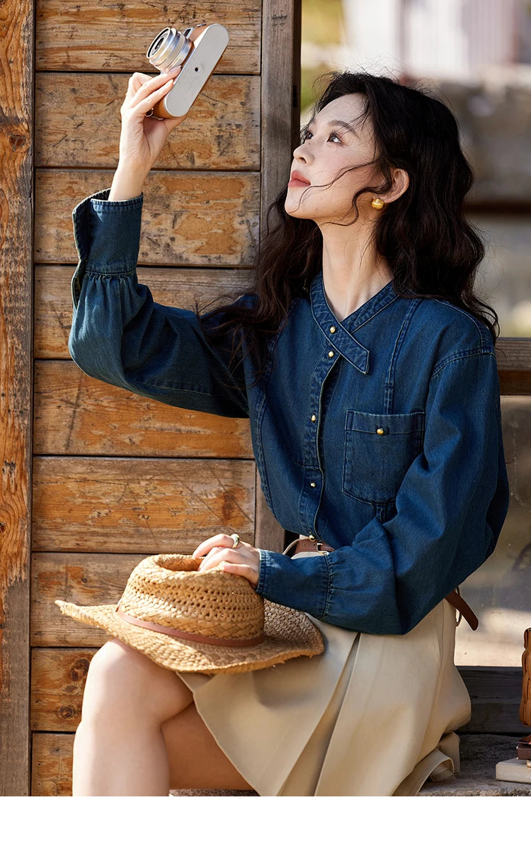 MISHOW 100% Cotton Denim Shirt O-Neck Loose Fit MXE12C0384