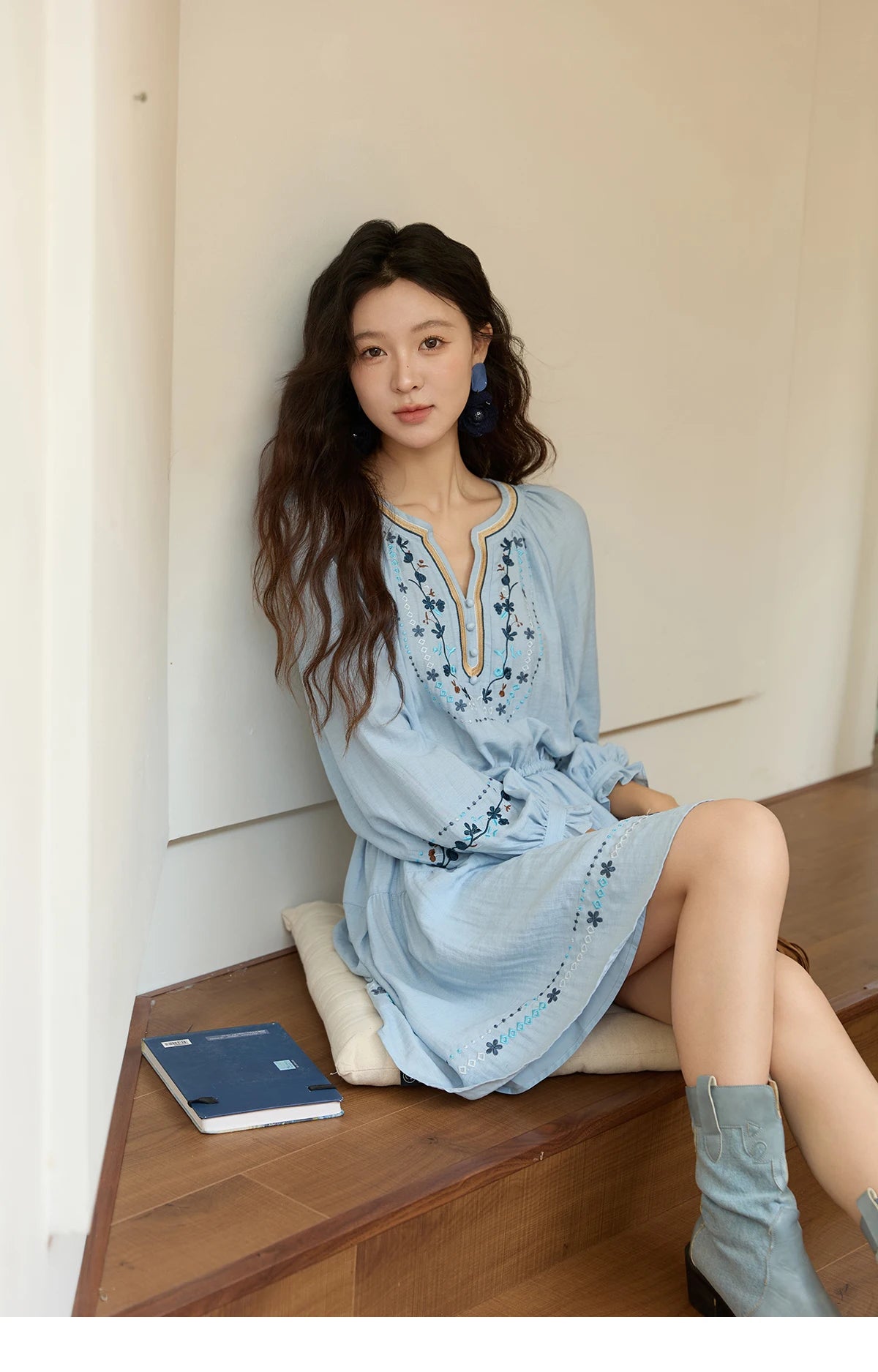 Mishow V-Neck Embroidered Drawstring Bohemian Dress MXE44L2489