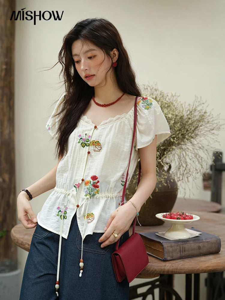 MISHOW Flower Embroidery Square Neck Lace Blouse MXE37X1895
