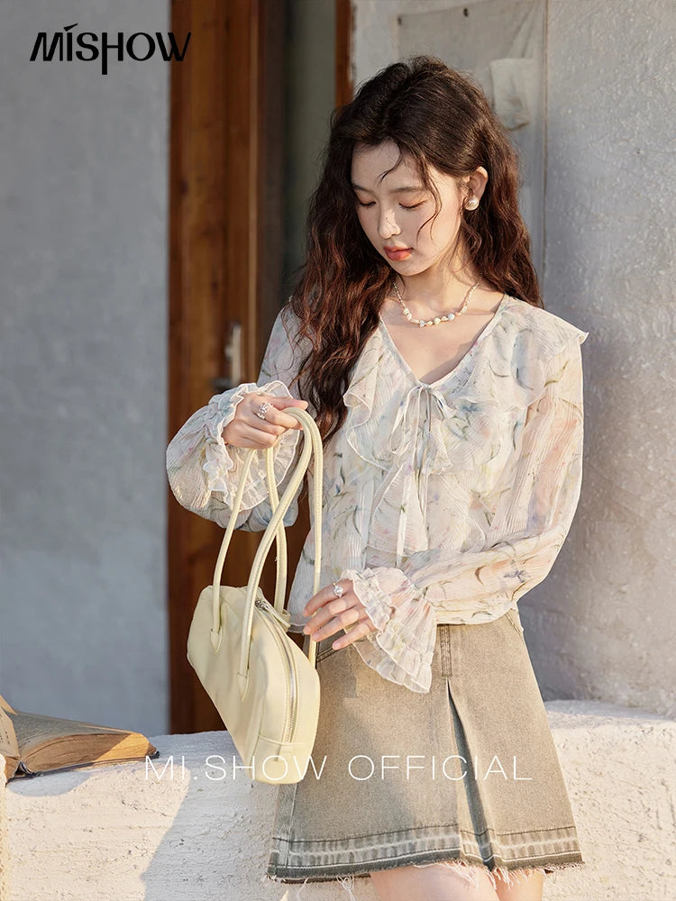 MISHOW Floral Blouse with Camisole Set V-Neck Lace Up MXE13X1718