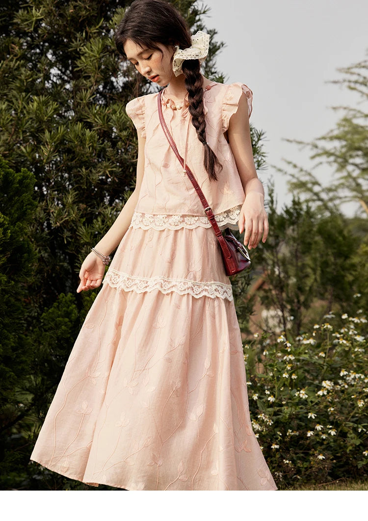 Mishow Short Flying Sleeve Top & Hollow Embroidery A-Line Skirt Set MXE33T0545