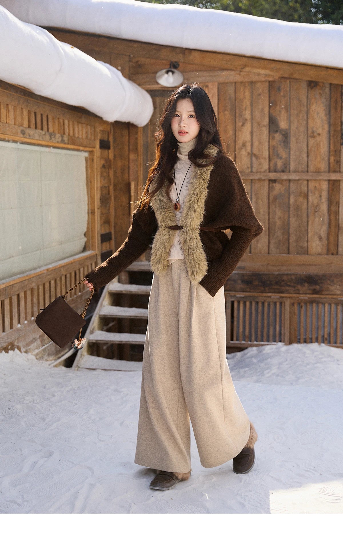 MISHOW Brown Knitted Cardigan Faux Fur Collar Batwing Sleeve MXE94Z2954