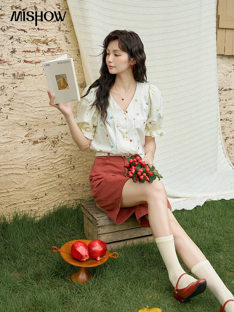 MISHOW 100% Cotton Square Neck Blouse Embroidered Lace Patchwork Puff Sleeve MXD22X1420