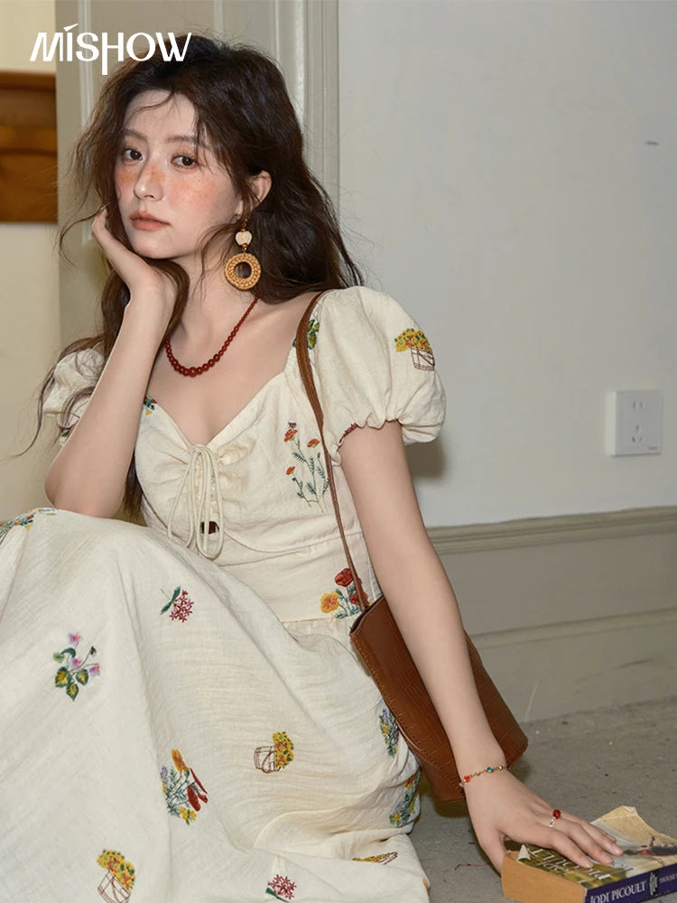 Mishow Square Neck Lace-Up Puff Sleeve Dress MXE37L2315