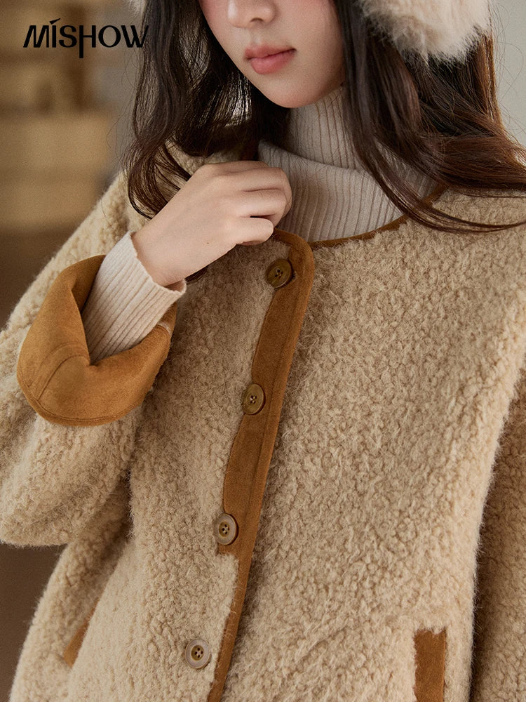 Mishow Lamb Wool Jacket with Color Block Knitted Shawl MXE91W0969