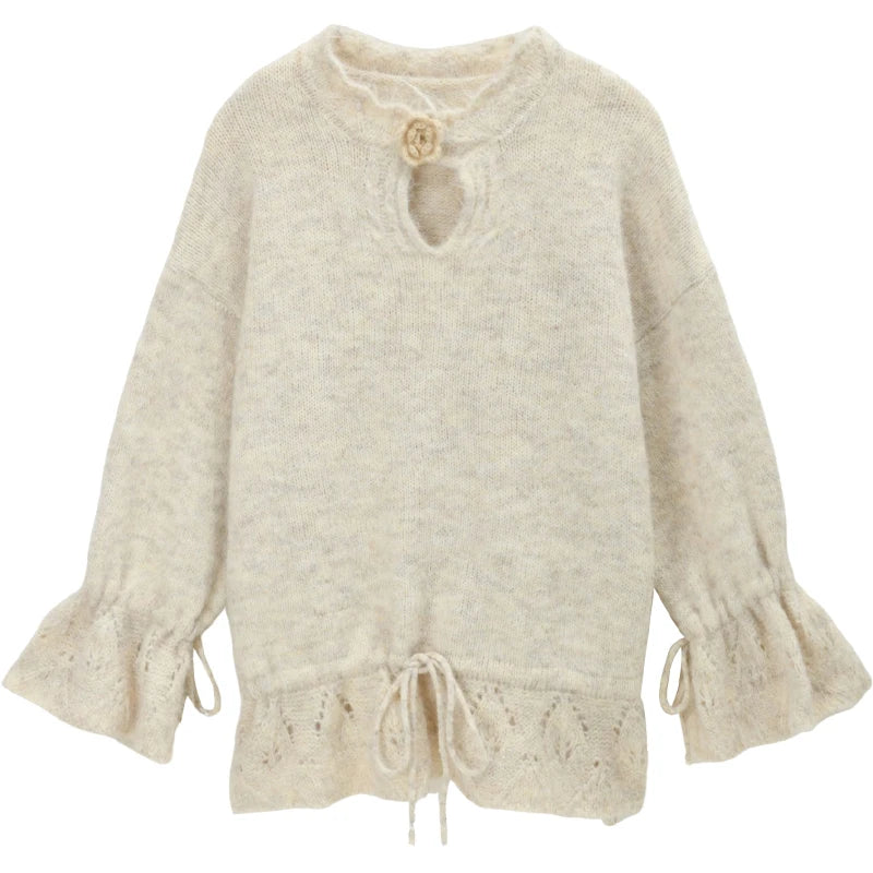Mishow Apricot Drawstring 3D Flower Hollow Sweater MXE88Z2709