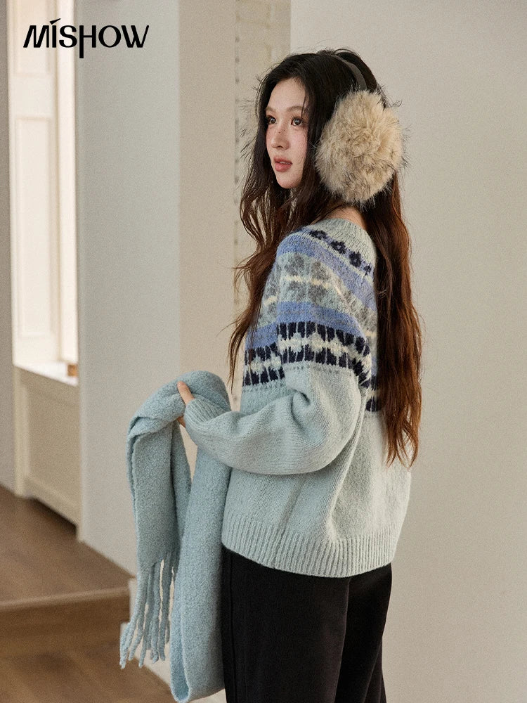 Mishow Blue Fair Isle Geometric Jacquard Pullover MXE87Z2767