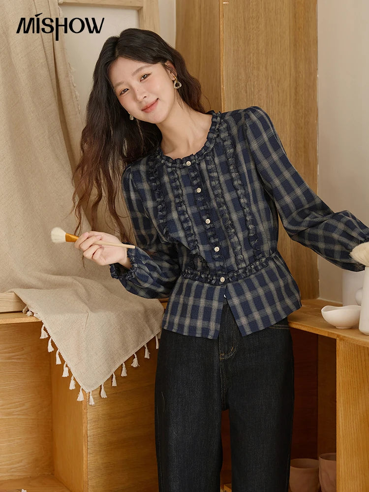 MISHOW Vintage Blue Plaid Shirt Round Neck Loose MXE45X2480