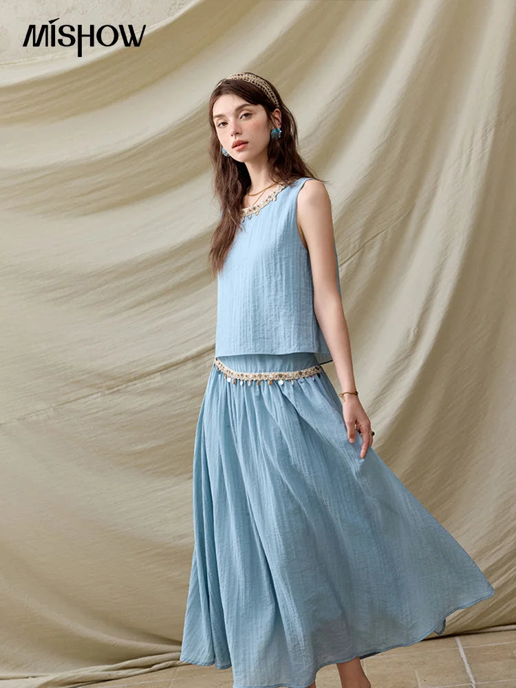 Mishow Sheel Ribbon Round Neck Top & High Waist Skirt Set MXE32T0556